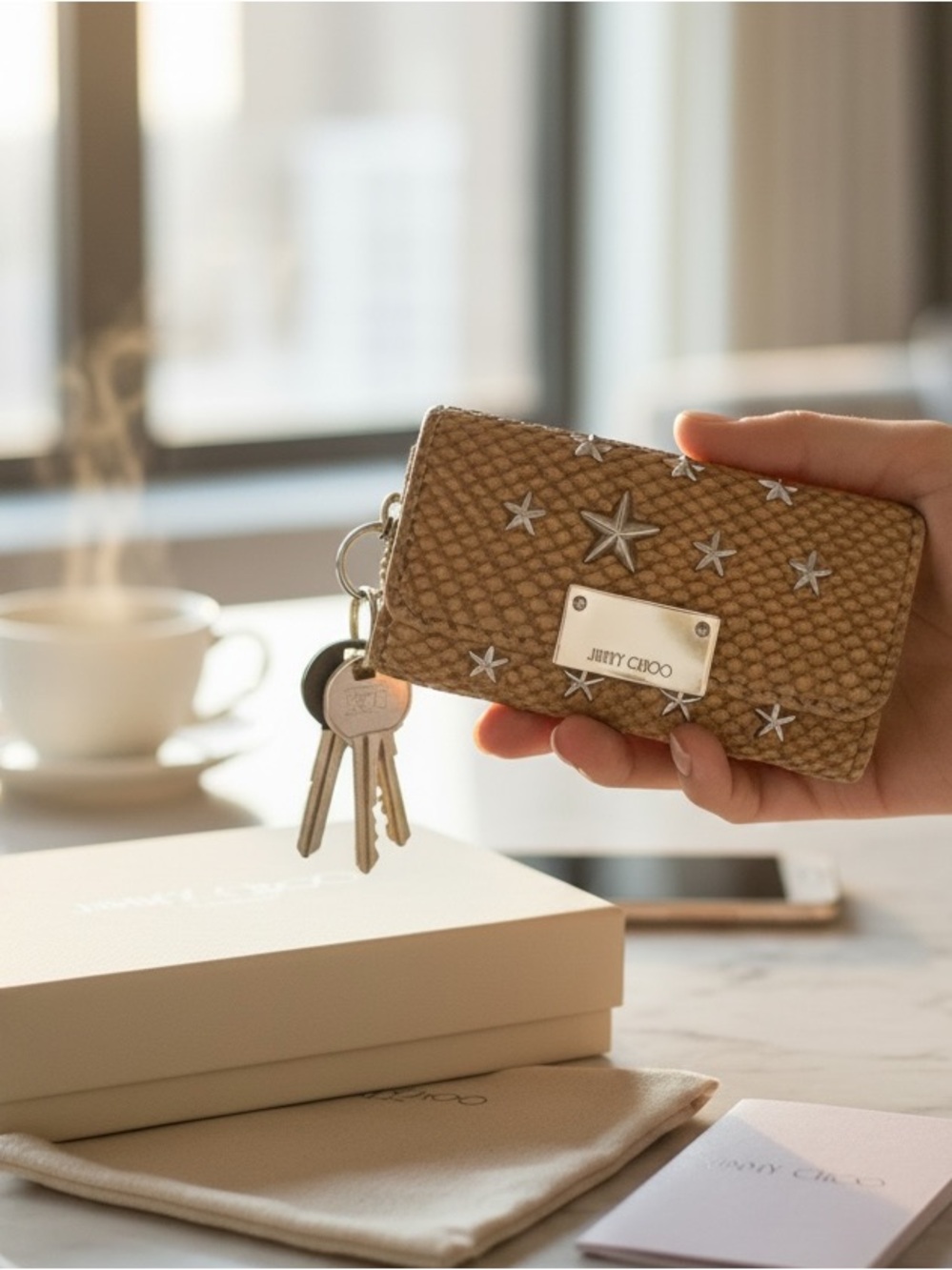 Jimmy Choo Star Studded Snakeskin Embossed Key Holder w/ Dustbag & Box (NEW) - Picture 11 of 11